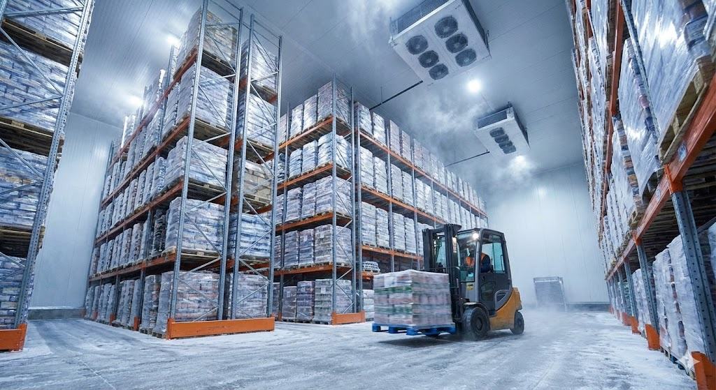 Entrepôt frigorifique avec rayonnages de stockage sous température dirigée