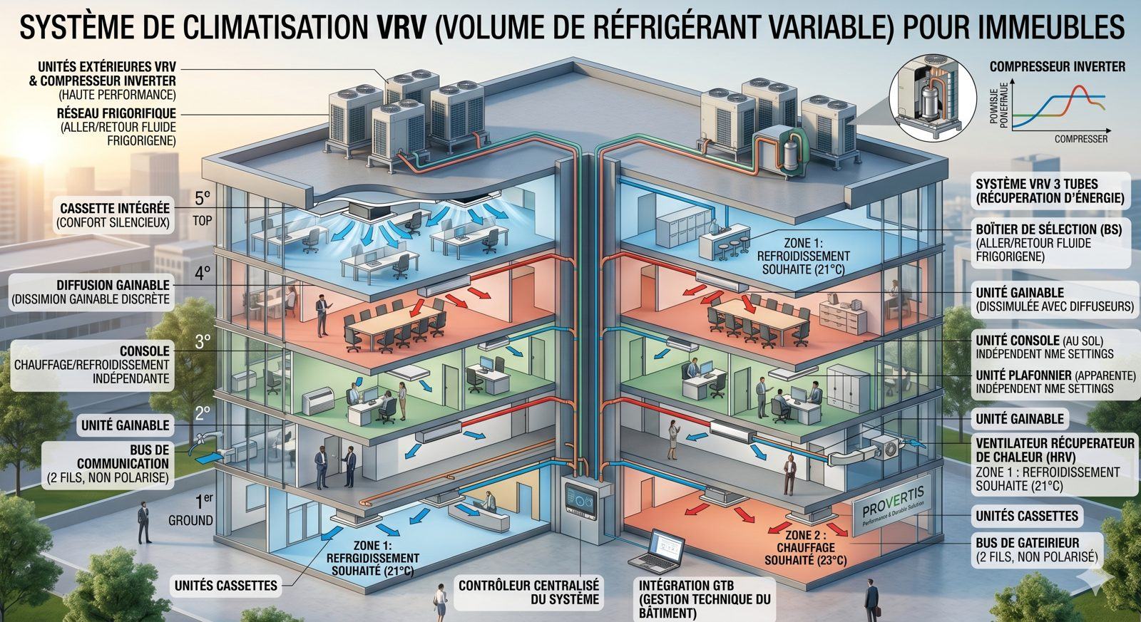 Schéma d'un système de climatisation VRV à volume de réfrigérant variable